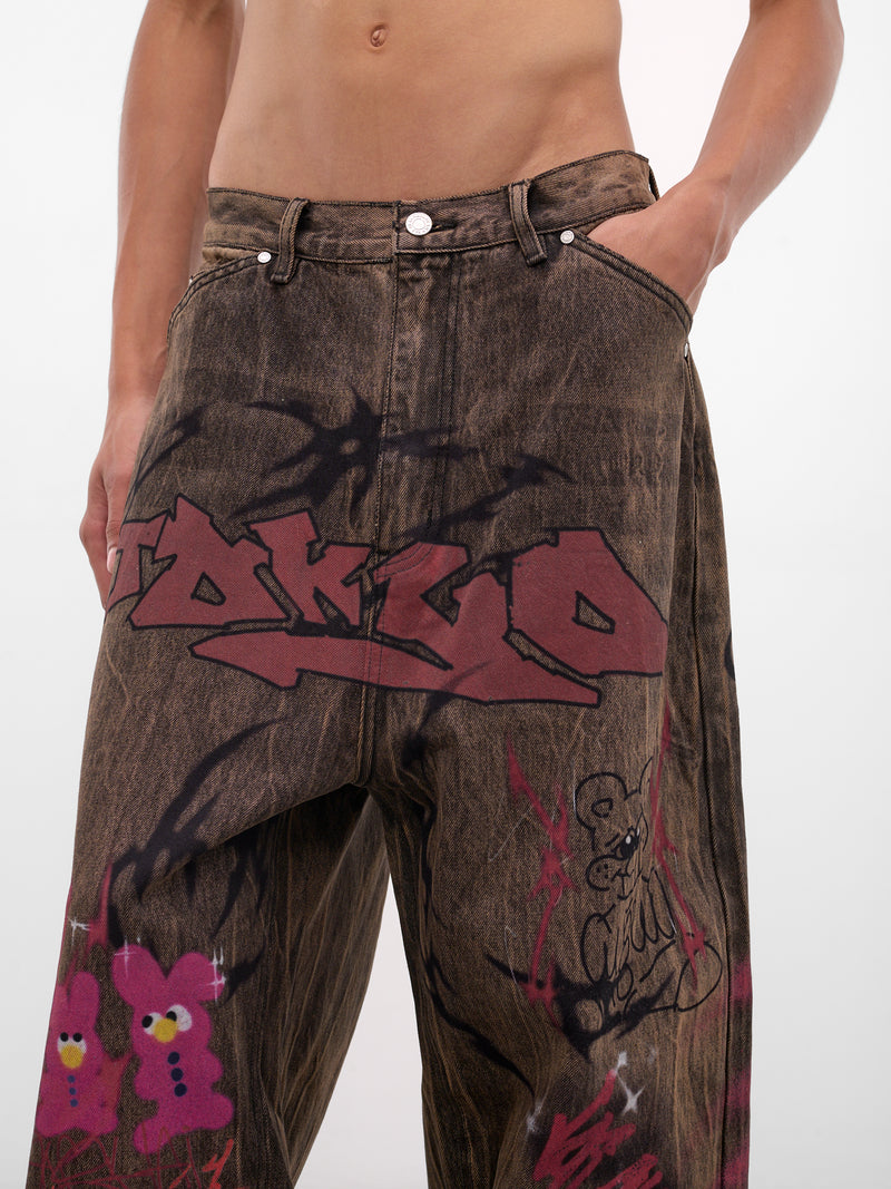 Brown Denim Graffiti Baggy Jeans (BUPA0104-BROWN)
