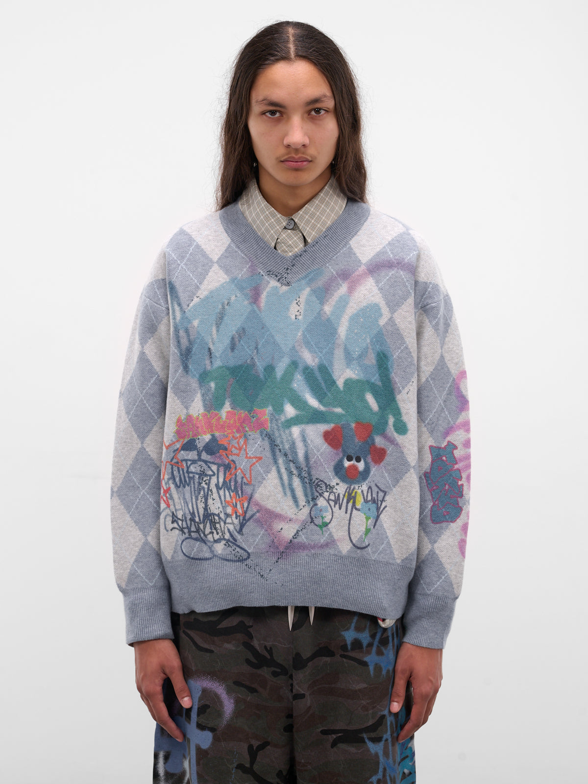 Gray Argyle Graffiti Sweater (BUSW0102-BLUE)