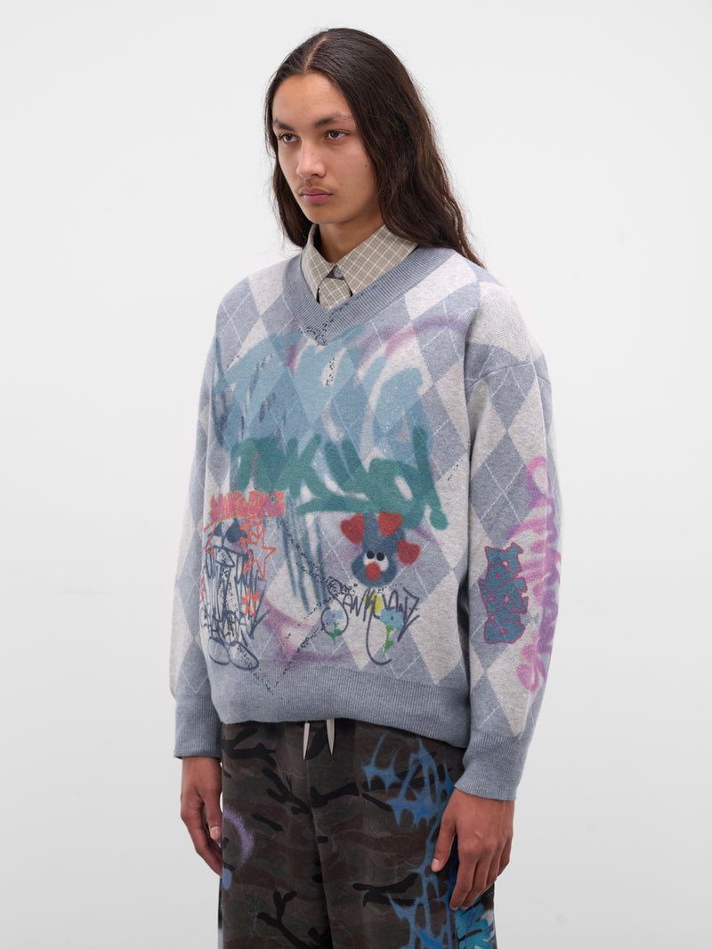 Gray Argyle Graffiti Sweater (BUSW0102-BLUE)