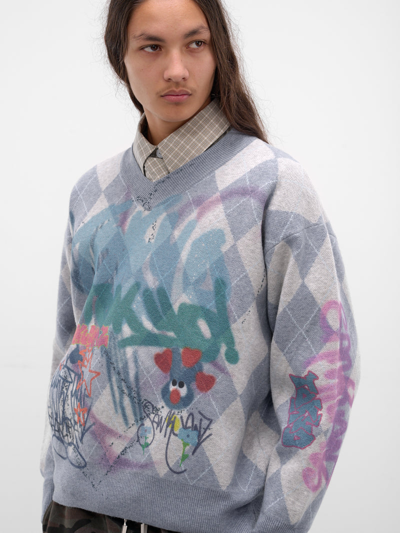 Gray Argyle Graffiti Sweater (BUSW0102-BLUE)