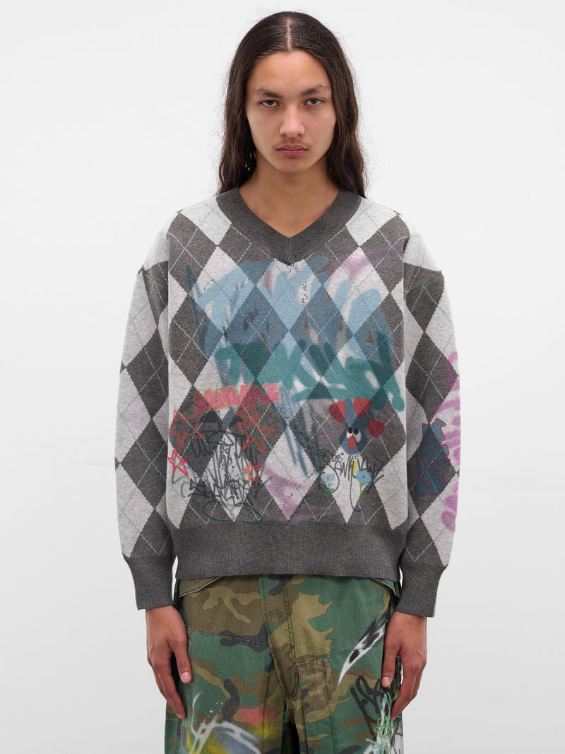 Gray Argyle Graffiti Sweater (BUSW0102-GREY)
