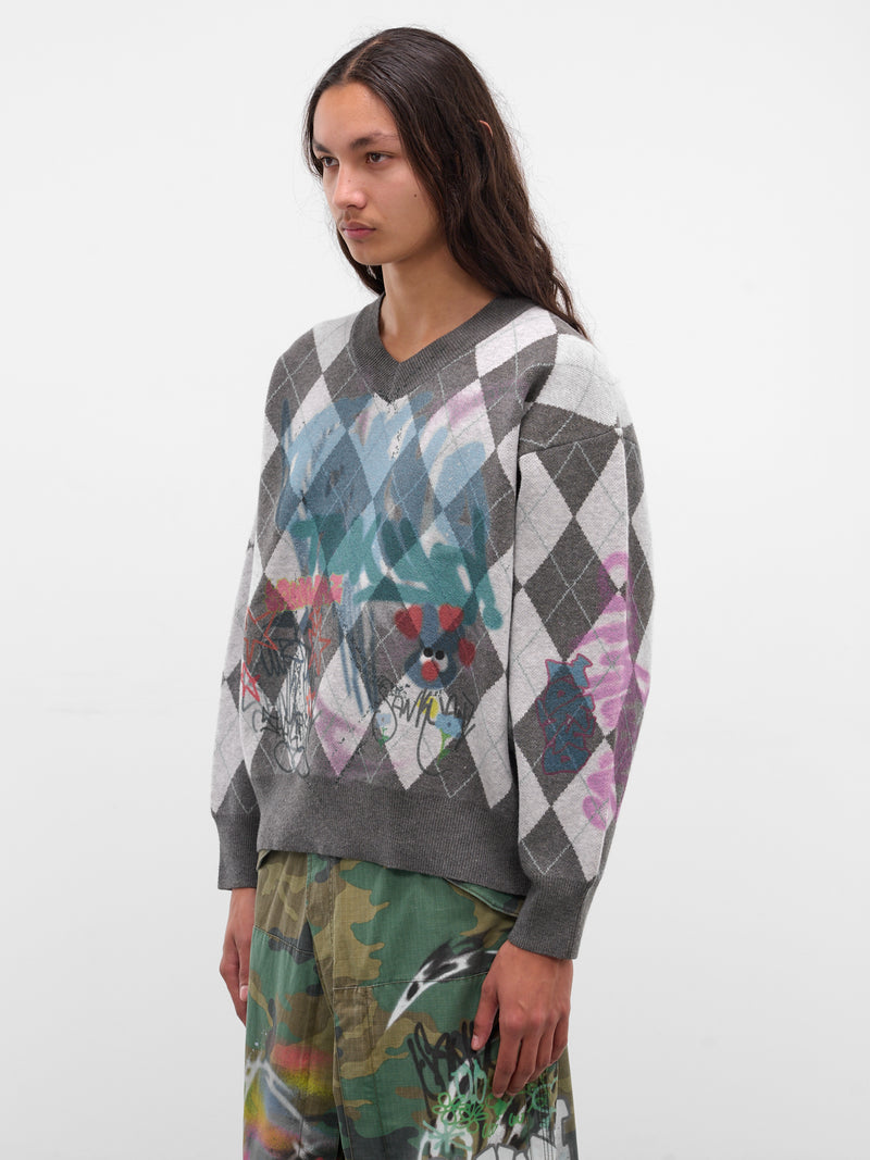Gray Argyle Graffiti Sweater (BUSW0102-GREY)