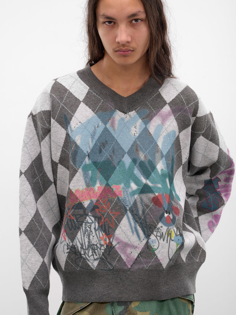 Gray Argyle Graffiti Sweater (BUSW0102-GREY)