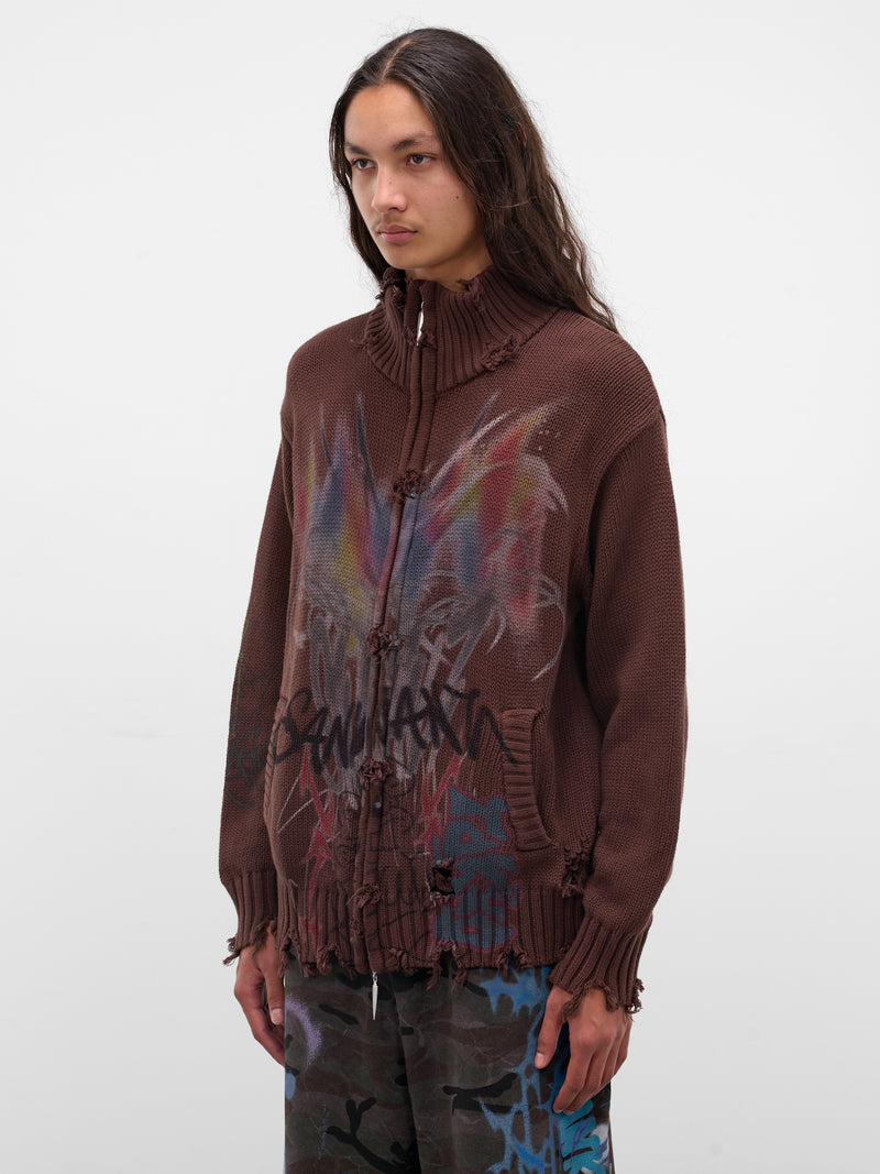Brown Distressed Knit Graffiti Sweater (BUSW0103-BROWN)