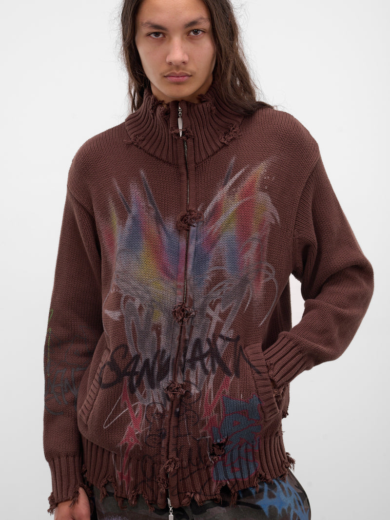 Brown Distressed Knit Graffiti Sweater (BUSW0103-BROWN)