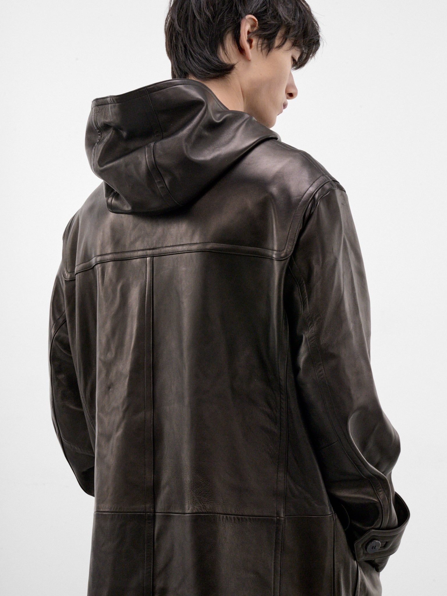 Black Leather Hooded Coat (C263L03C01-BLACK)