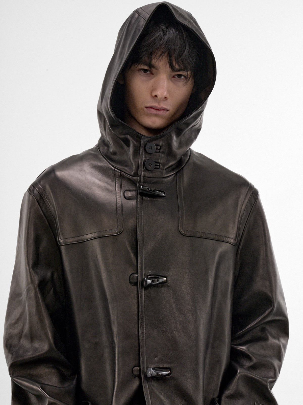 Black Leather Hooded Coat (C263L03C01-BLACK)