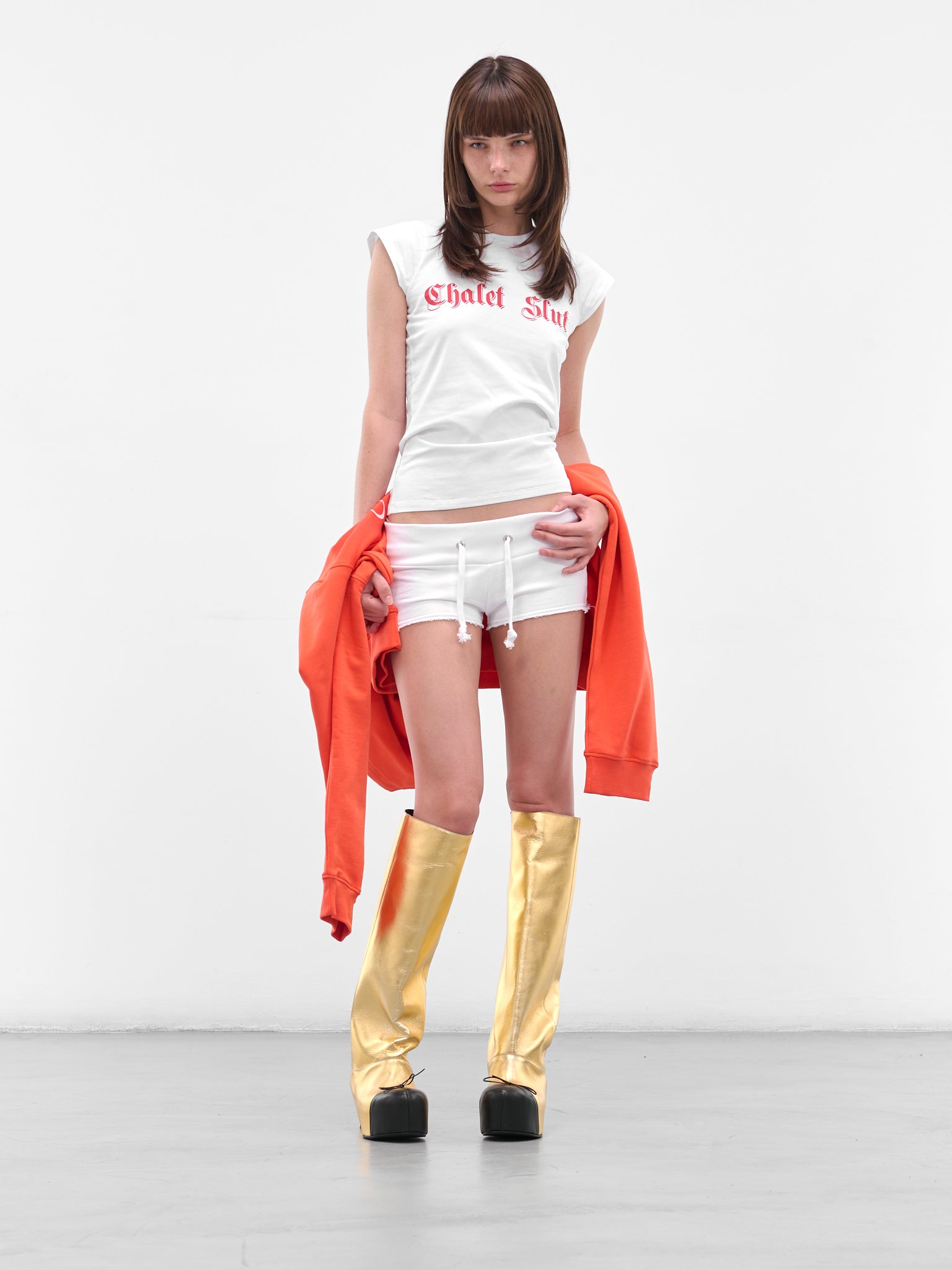 White 'Chalet Slut' Mini Shorts (CHALET-SLUT-SHORTS-WHITE)