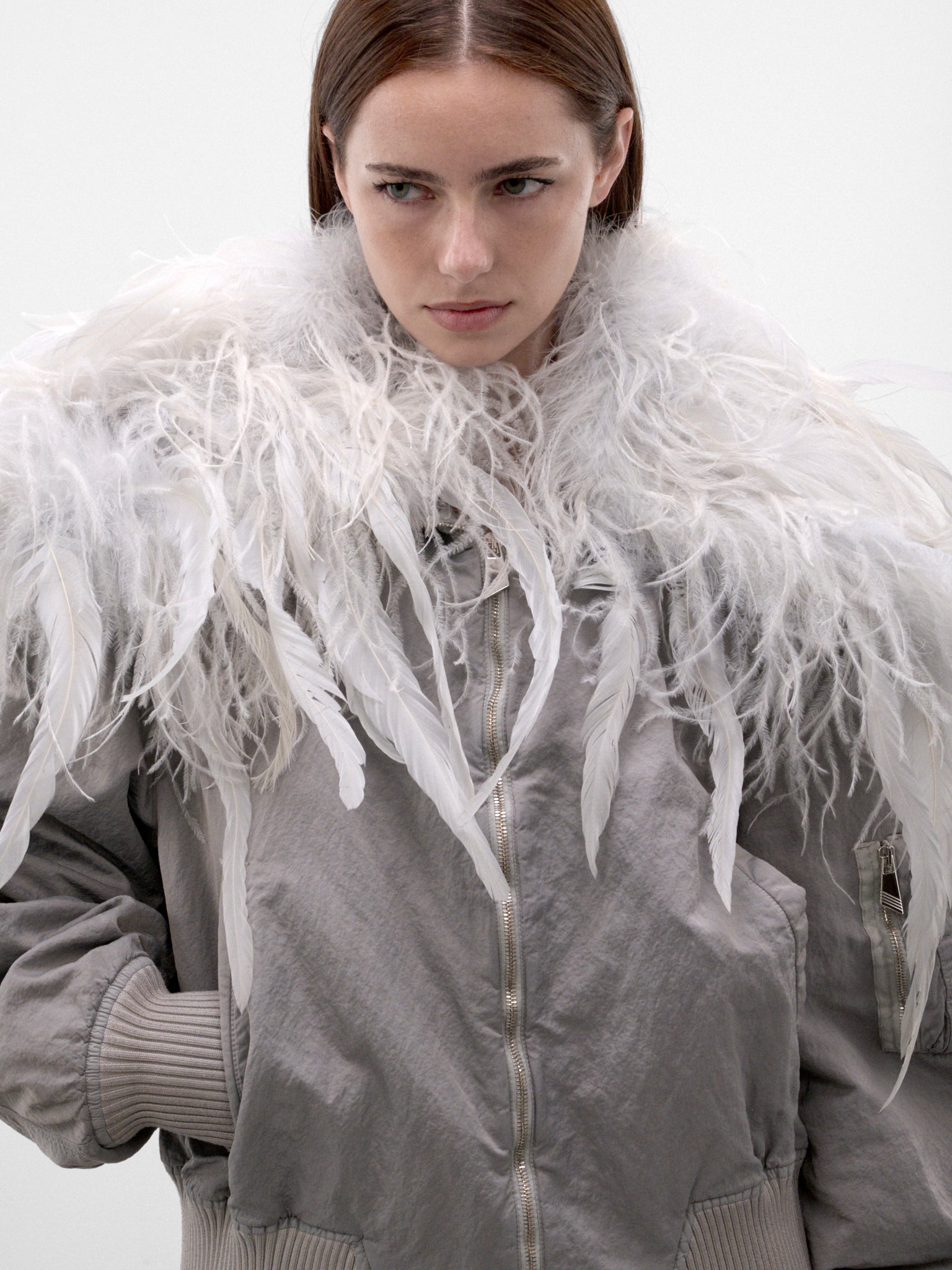 Ice Feather Collar Bomber Jacket (CAPWCB00132-ICE)