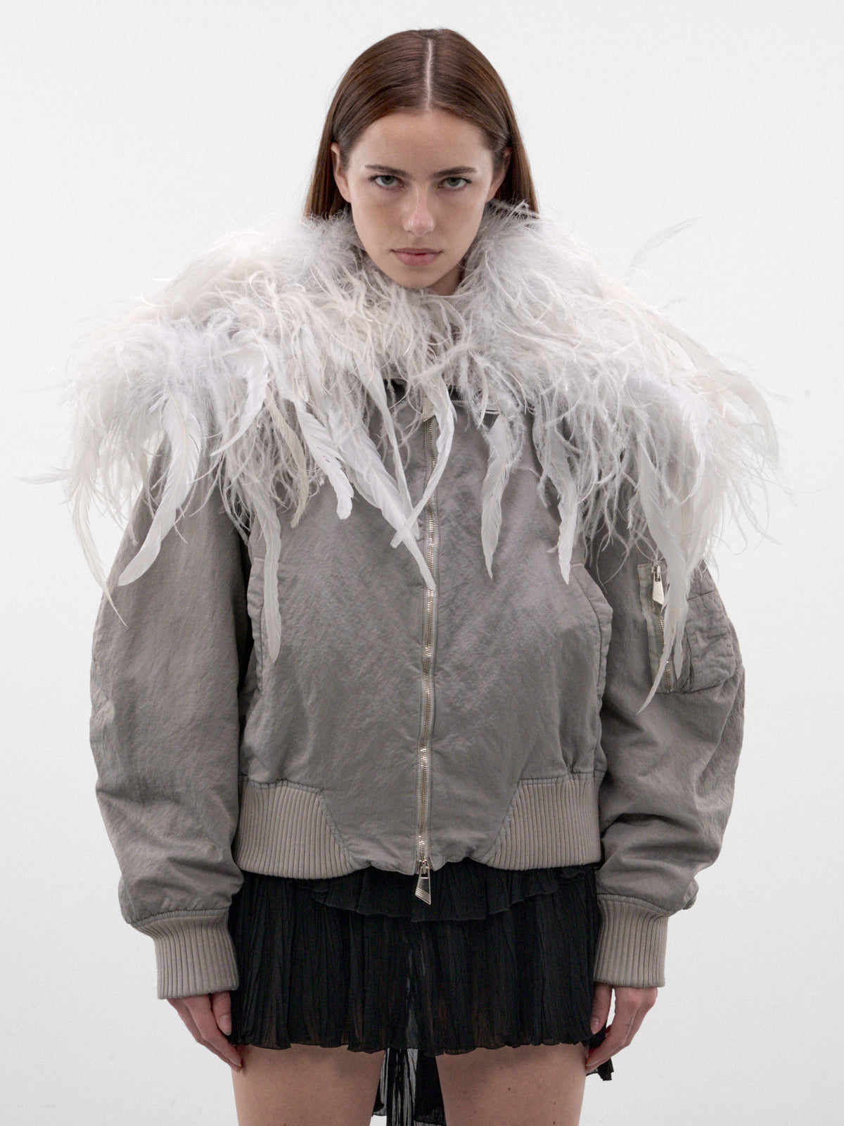 Ice Feather Collar Bomber Jacket (CAPWCB00132-ICE)