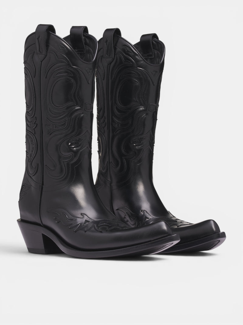 Black Leather Cowboy Boots (CD0024-900410-BLACK)