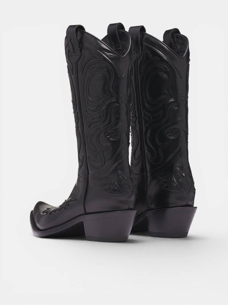 Black Leather Cowboy Boots (CD0024-900410-BLACK)