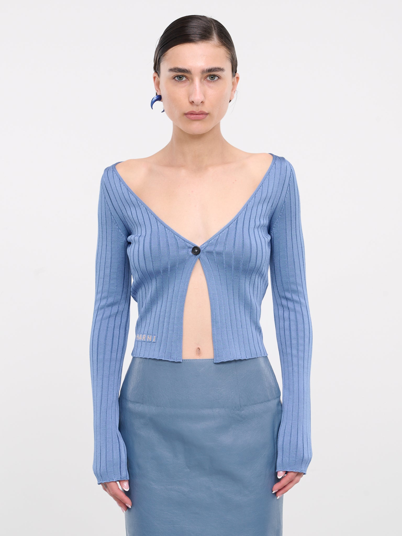 Rib-Knit Cardigan (CDMD0347A0-UFV222-BLUE) Rib-Knit Cardigan (CDMD0347A0-UFV222-BLUE)