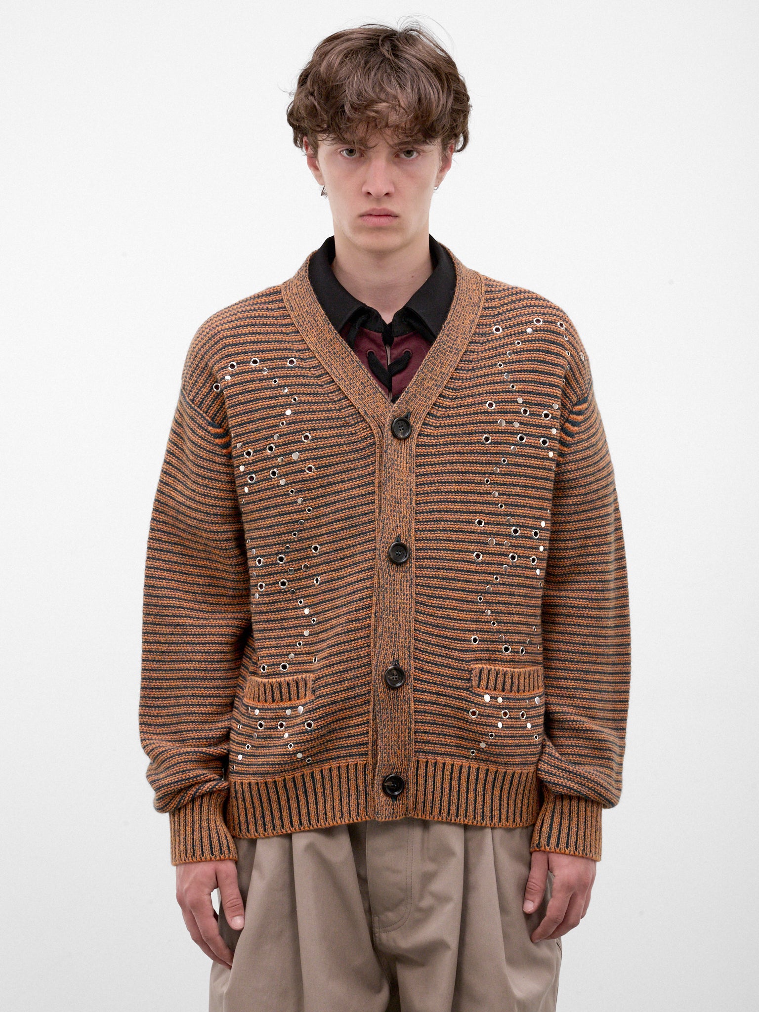 Brown Eyelet Knit Cardigan (CDMG0198S0-UFP406-MLV89-BROWN)