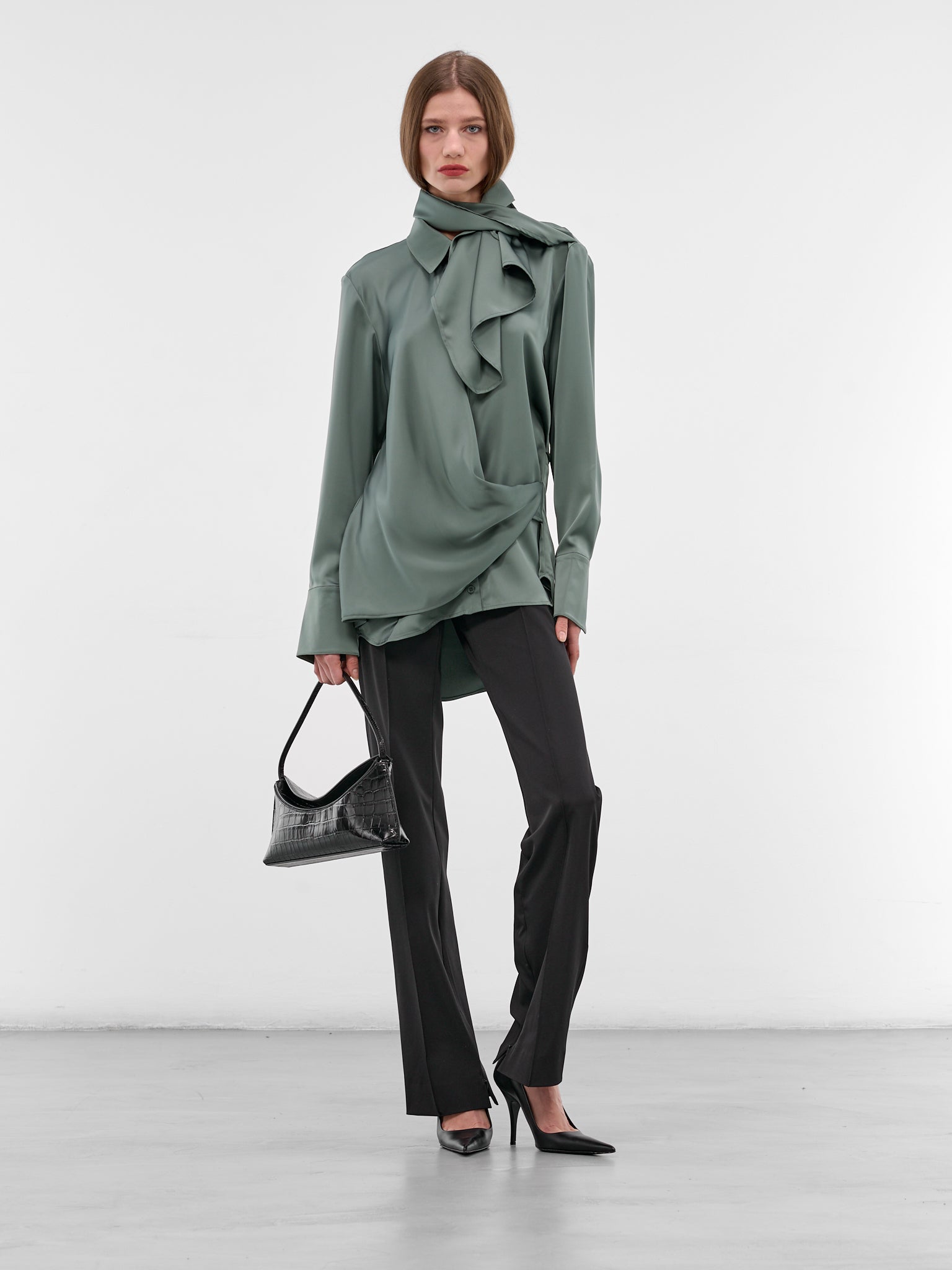 Forest Satin Wrap Drape Blouse (CH016-FOREST)