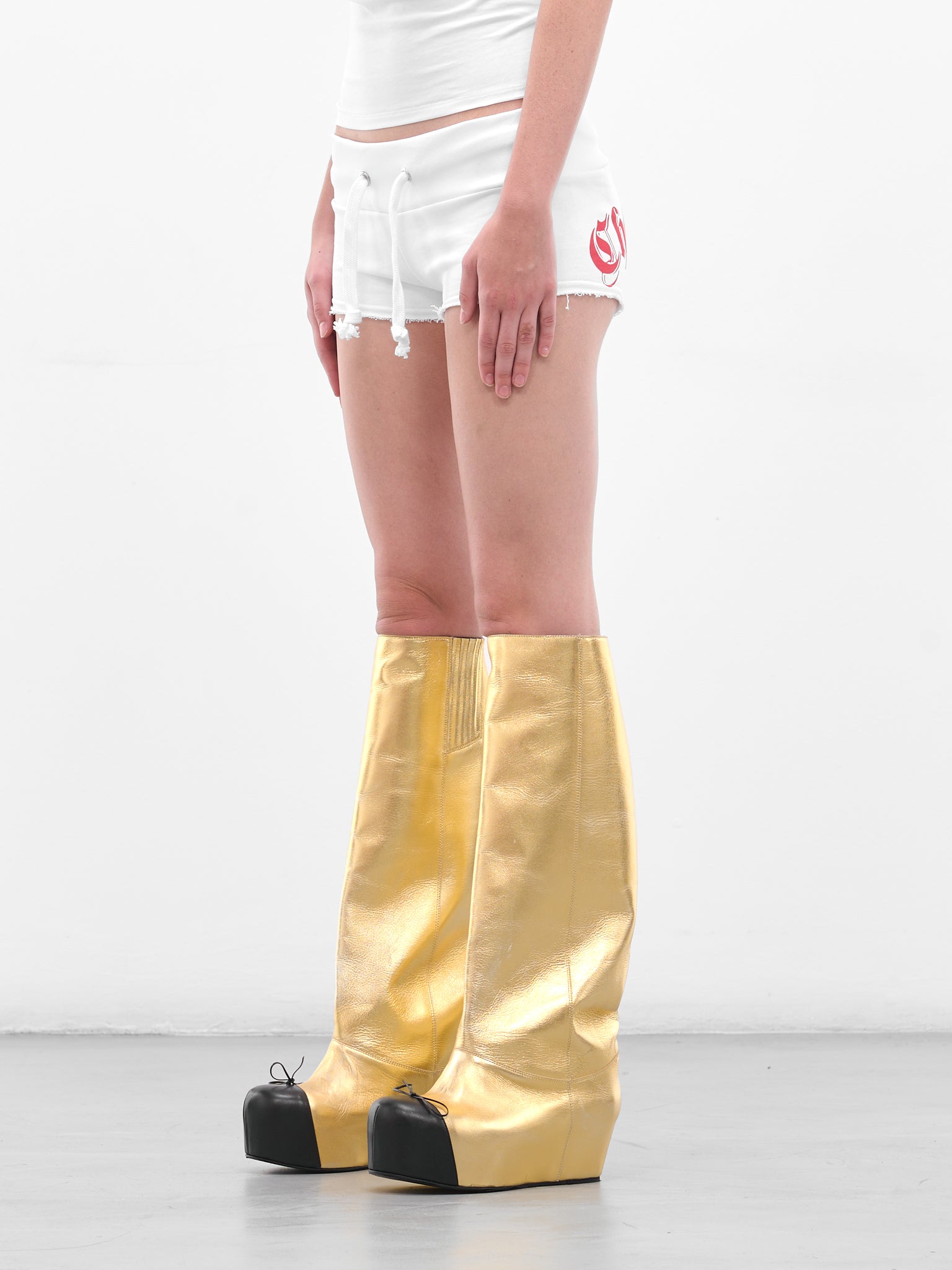 White 'Chalet Slut' Mini Shorts (CHALET-SLUT-SHORTS-WHITE)