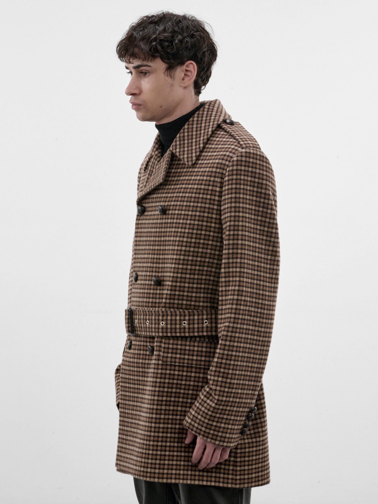 Brown Check Belted Caban Coat (CO50-BROWN)