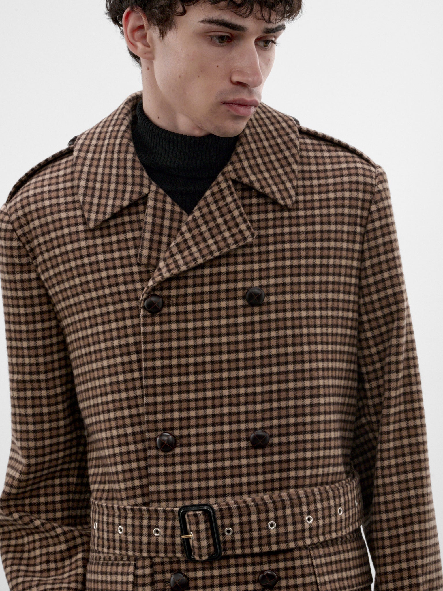 Brown Check Belted Caban Coat (CO50-BROWN)