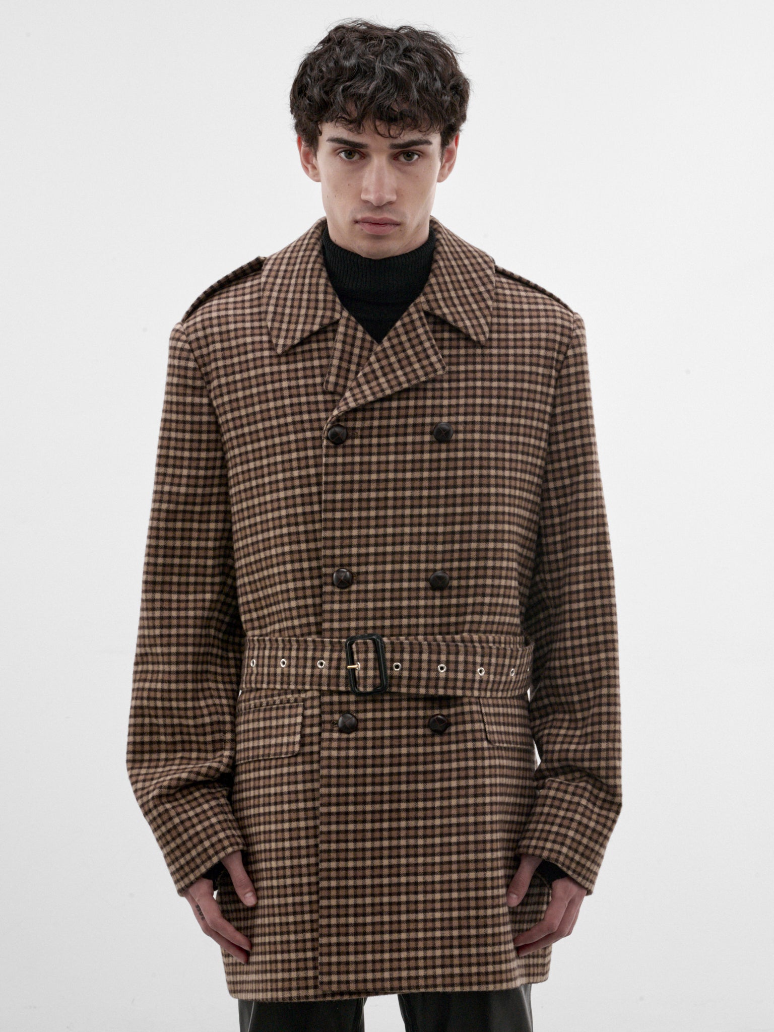 Brown Check Belted Caban Coat (CO50-BROWN)