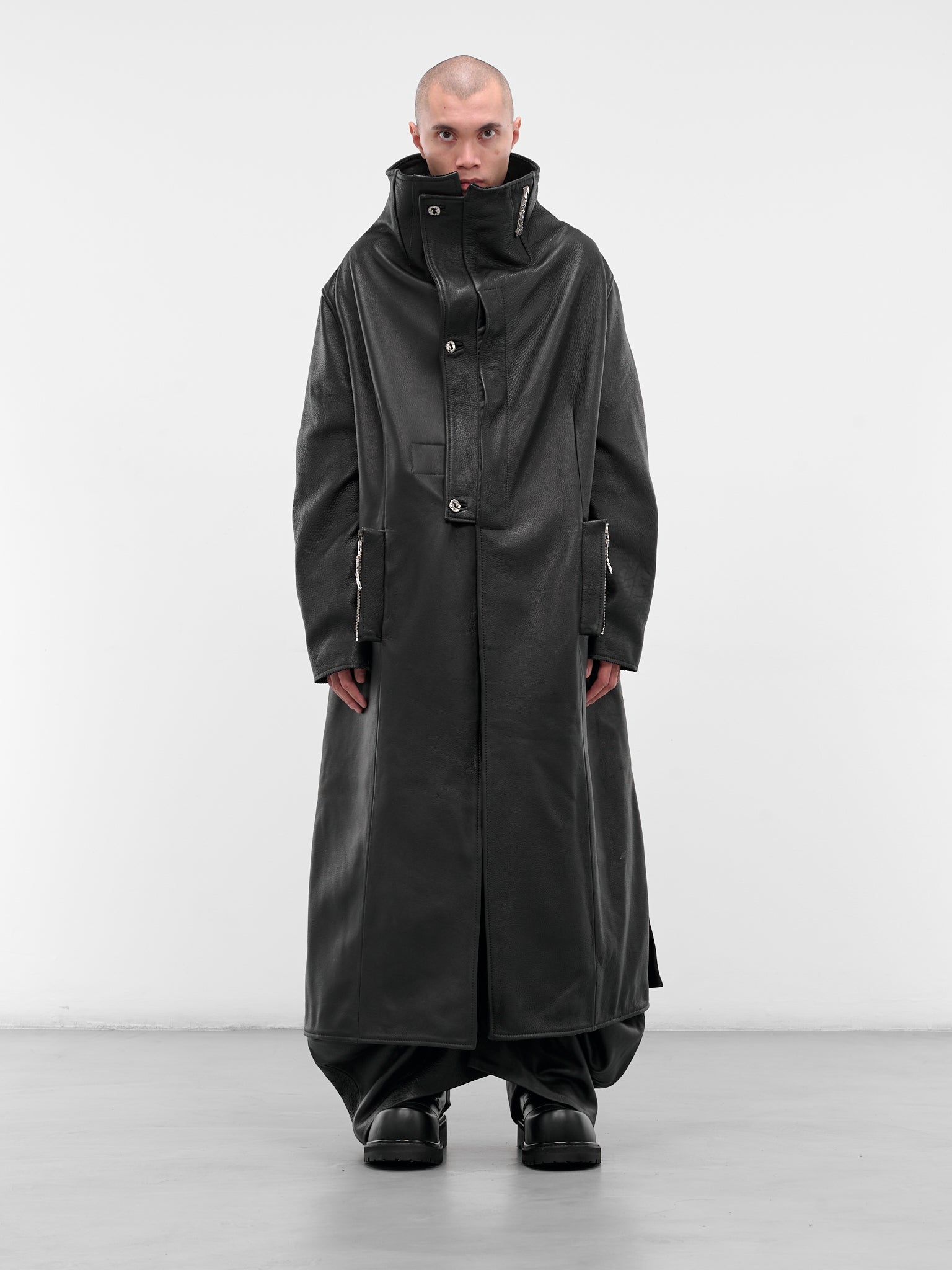 Black Leather Funnel Neck Coat (COLAR-COAT-BLACK)