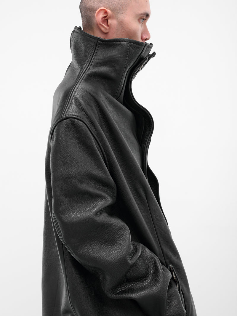 Black Leather Funnel Neck Coat (COLAR-COAT-BLACK)