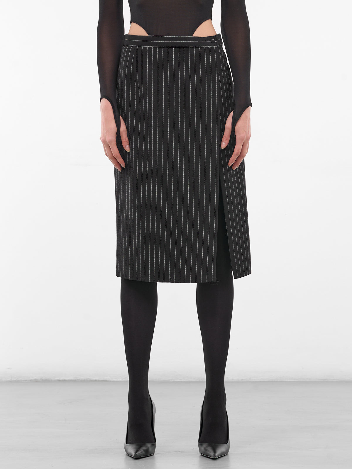 Black Re/edit Wool Pinstripe Pencil Skirt (COM1JU05771001-BLACK-OFF-WHITE)