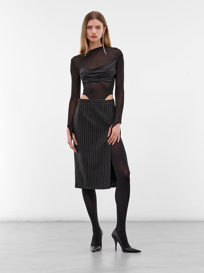 Black Re/edit Wool Pinstripe Pencil Skirt (COM1JU05771001-BLACK-OFF-WHITE)