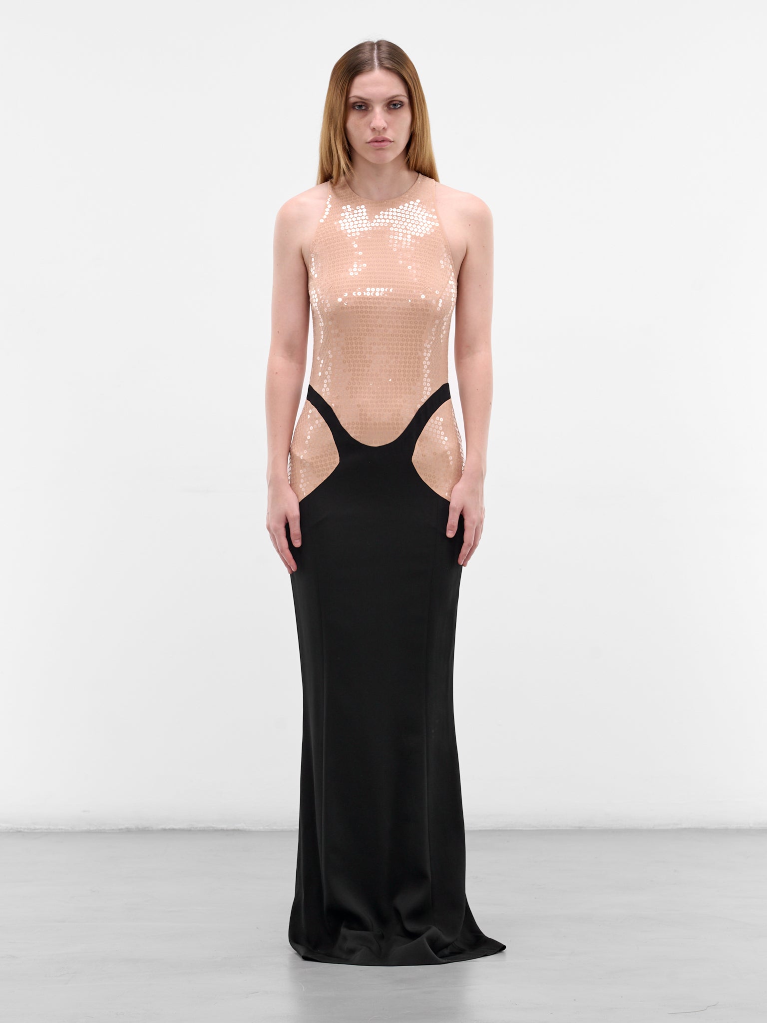 Sequin Trompe L'oeil Skirt Gown (COM1RO17933002-BEIGE-BLACK) Sequin Trompe L'oeil Skirt Gown (COM1RO17933002-BEIGE-BLACK)