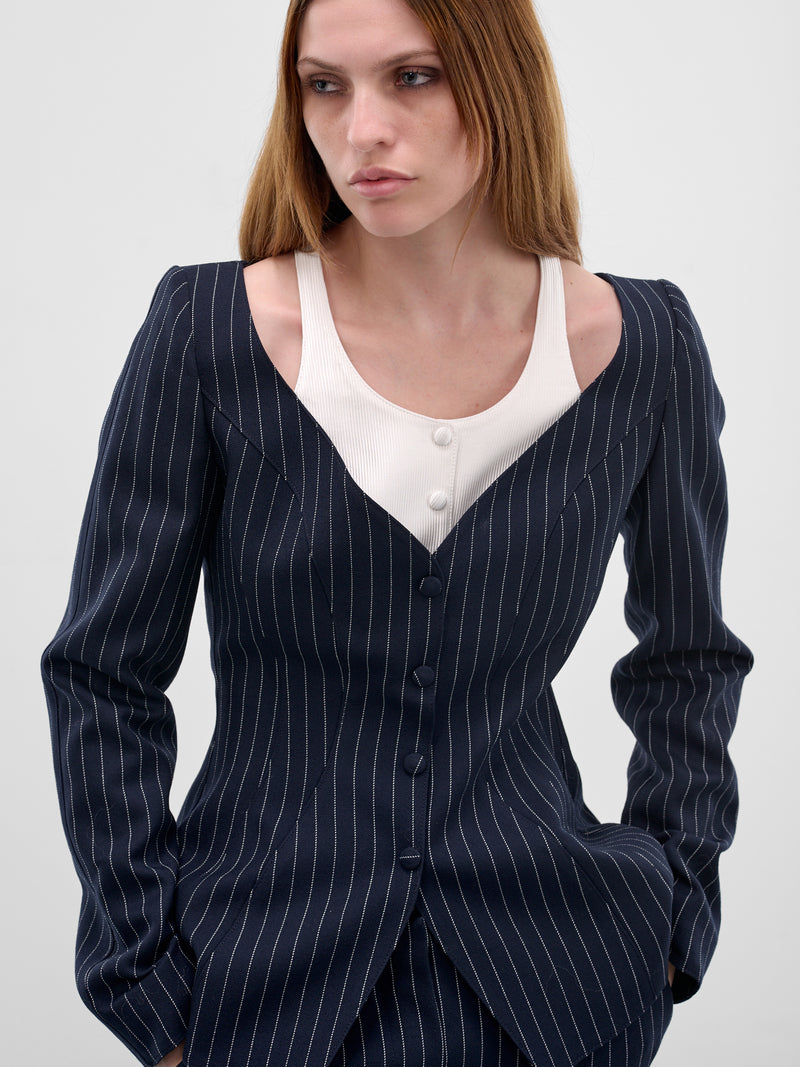 Pinstripe Trompe L'oeil Layered Blazer (COM1VE04741001-NAVY-WHITE)