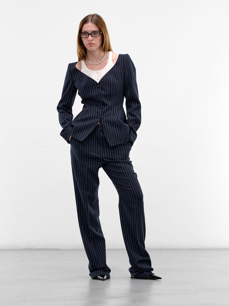 Pinstripe Trompe L'oeil Layered Blazer (COM1VE04741001-NAVY-WHITE)