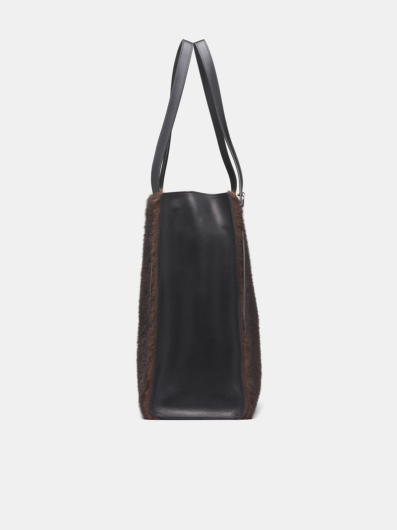 Brown Leather Fur Square Tote (COPBA77F9015B-BROWN)