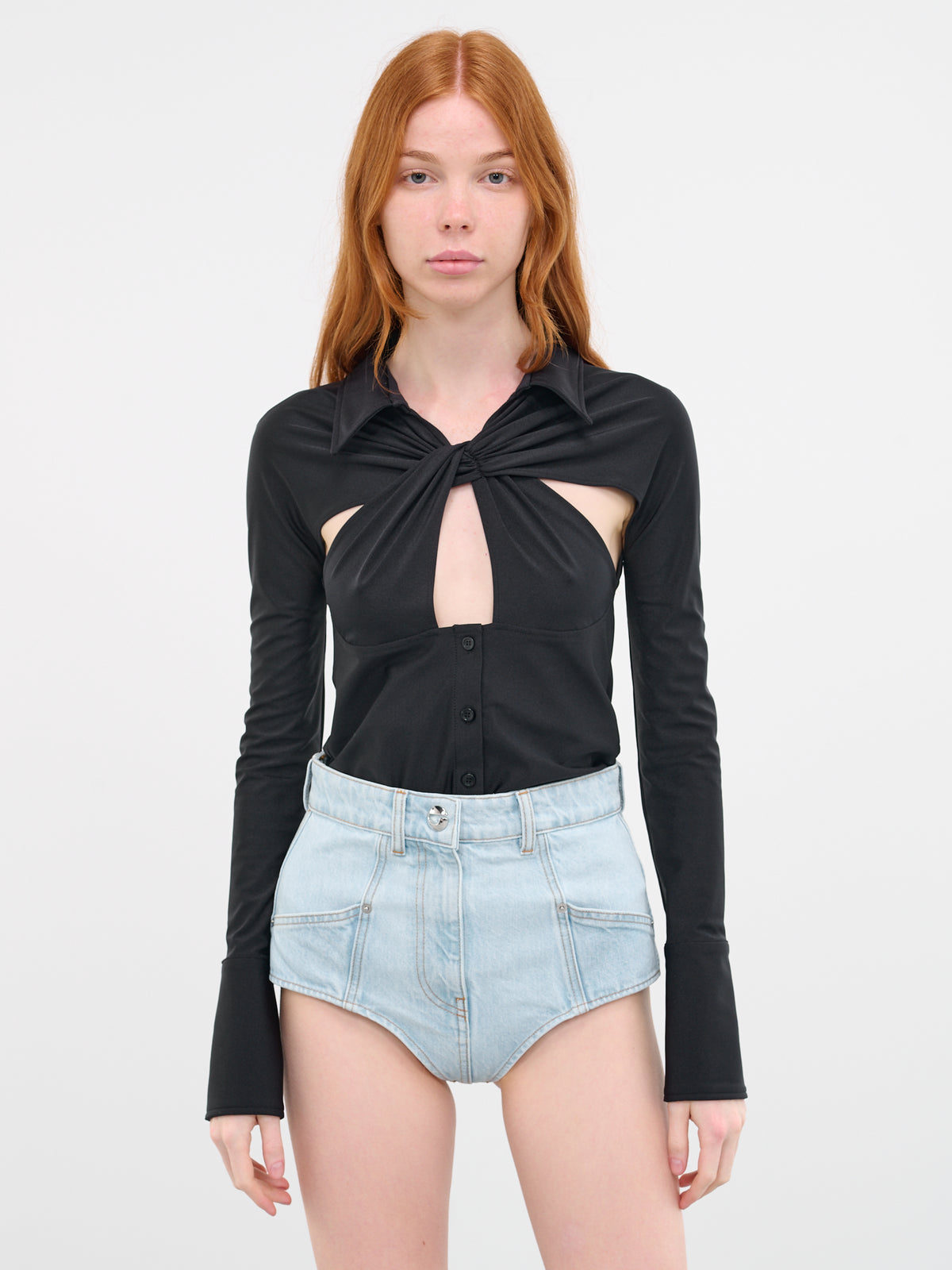 Twisted Cut-Out Shirt Bodysuit (COPCH29545-BLACK)