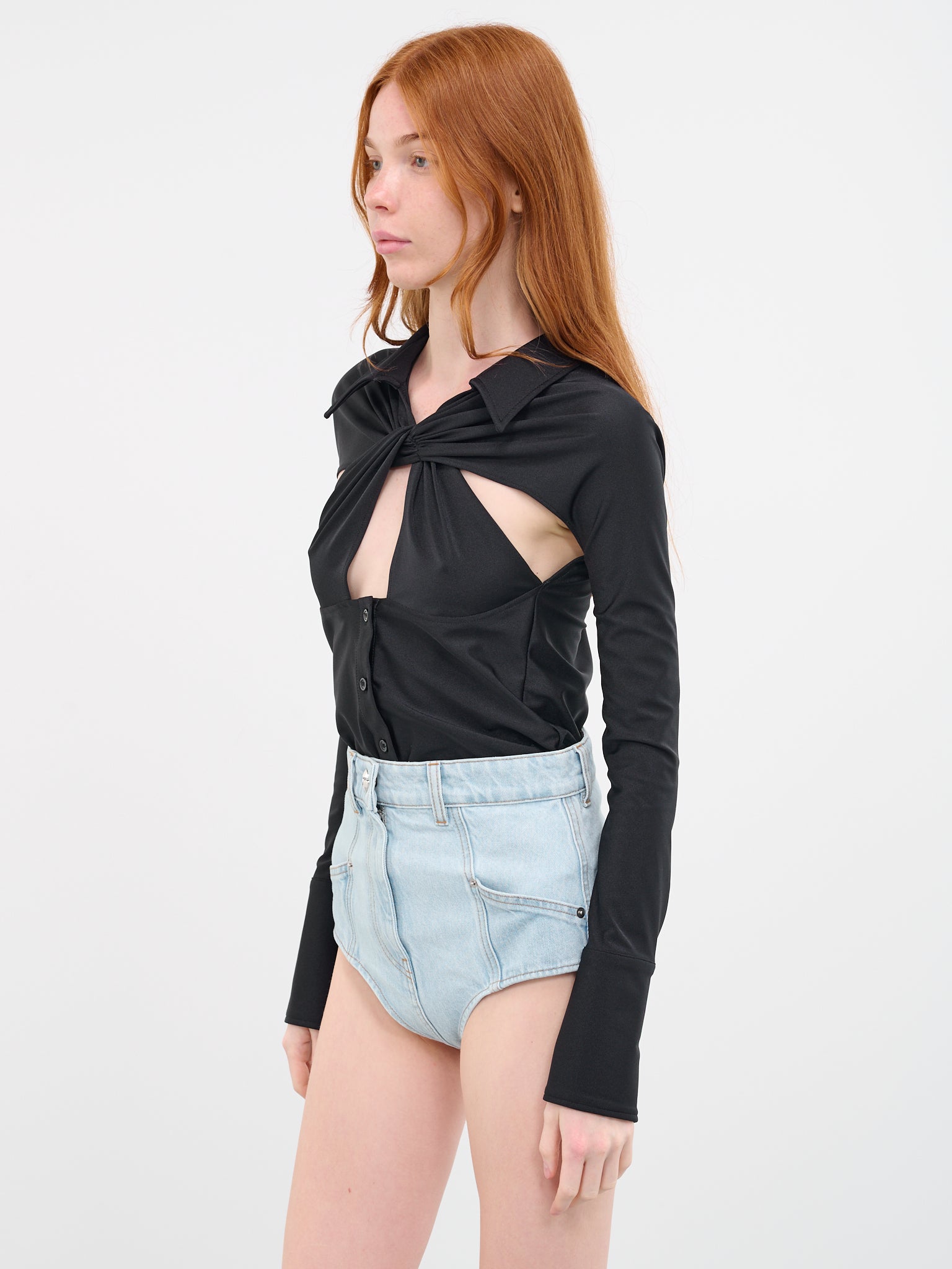 Twisted Cut-Out Shirt Bodysuit (COPCH29545-BLACK)