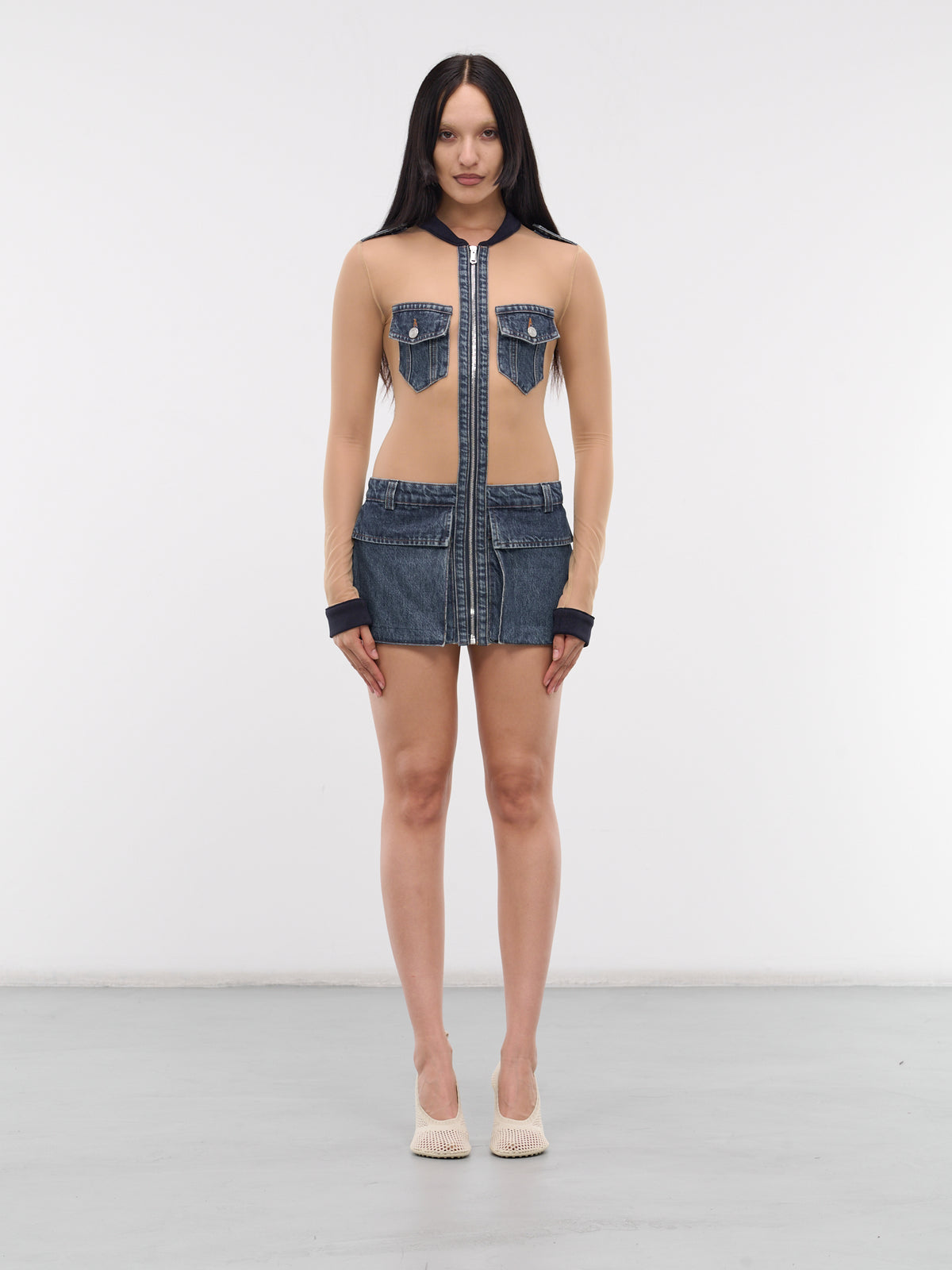 Tulle Illusion Denim Dress (COPR114569-BEIGE-BLUE)