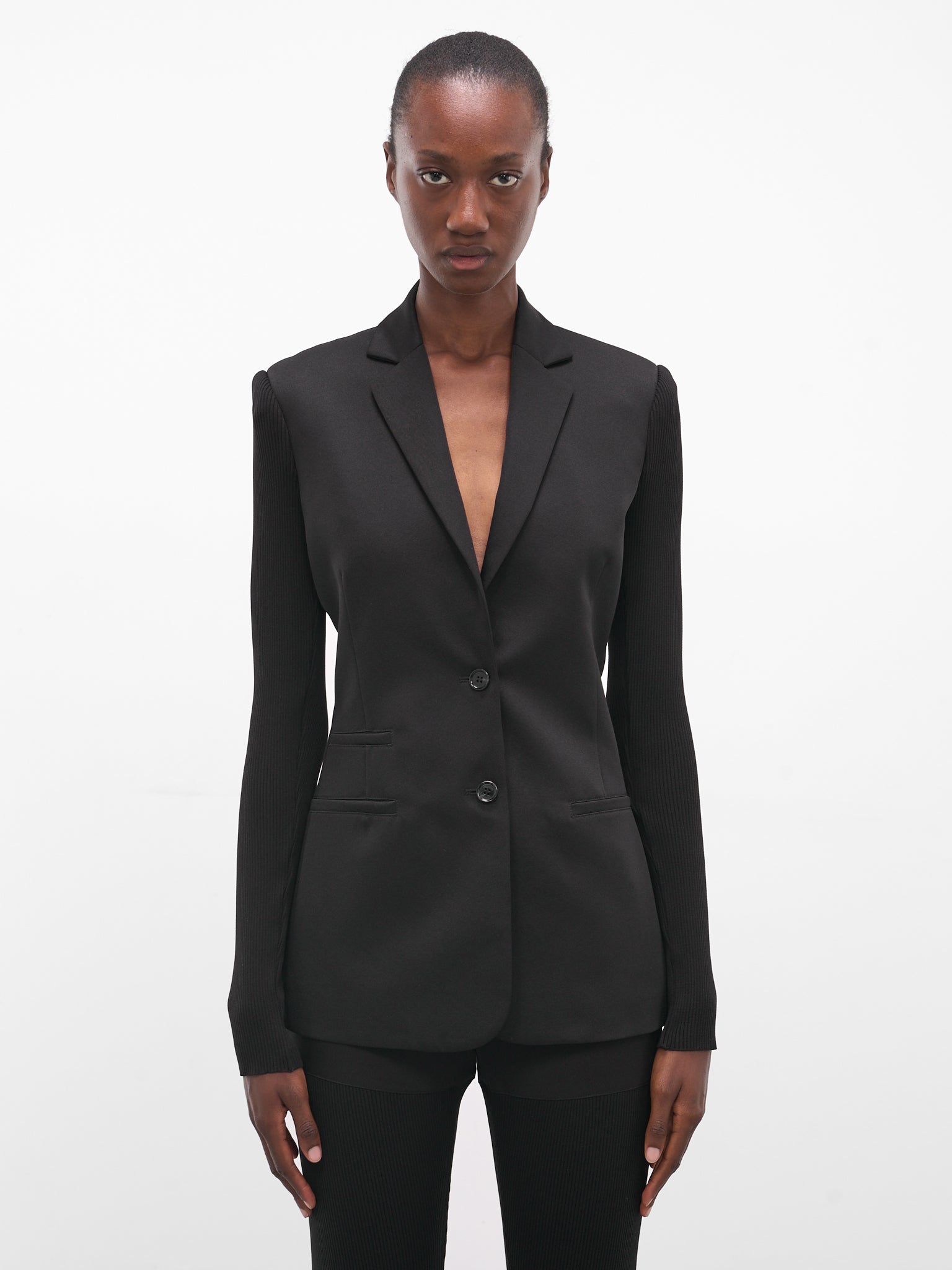Black Rib-Knit Sleeve Blazer (COPV82F3004-BLACK)