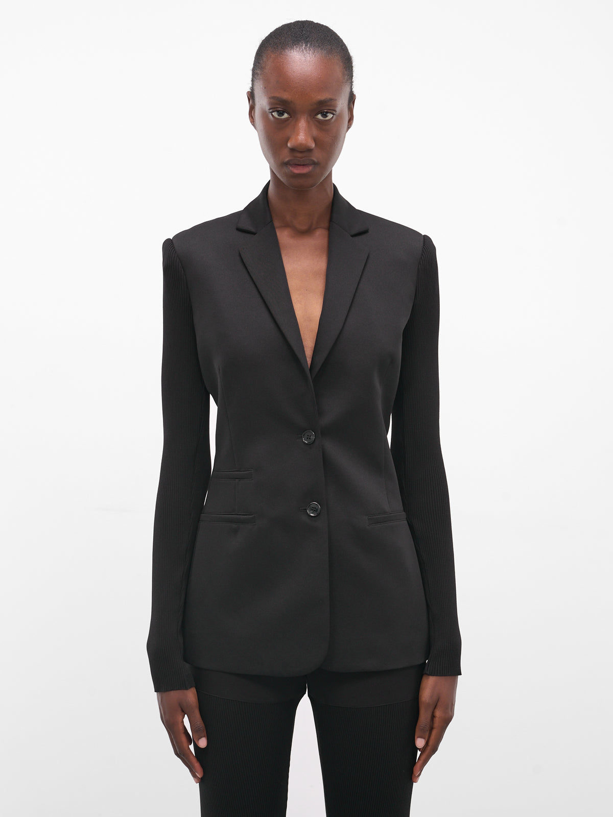 Black Rib-Knit Sleeve Blazer (COPV82F3004-BLACK)