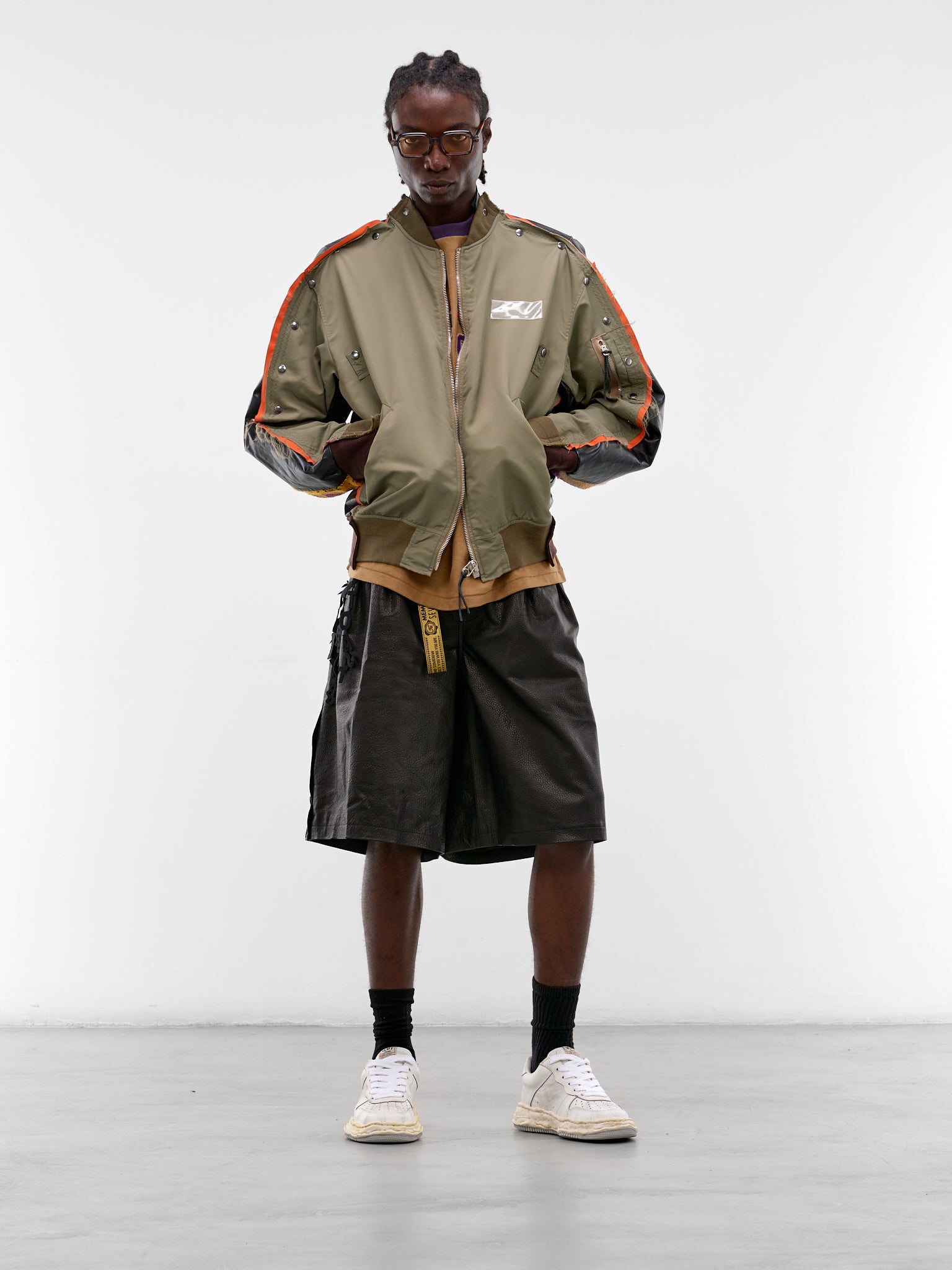 Deconstructed Combo Leather Bomber Jacket (JK-SV-NRS-1005-KHAKI)