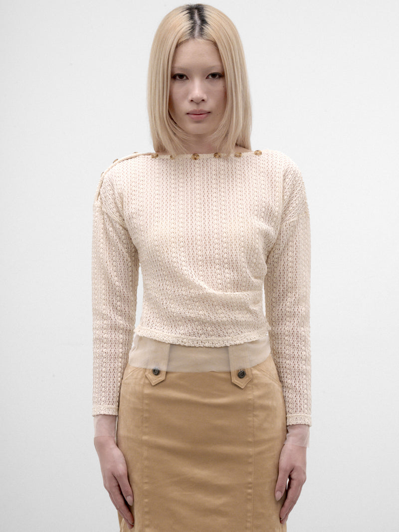 Button-Collar Sheer Mesh Top (CTCA32510-CREAM)