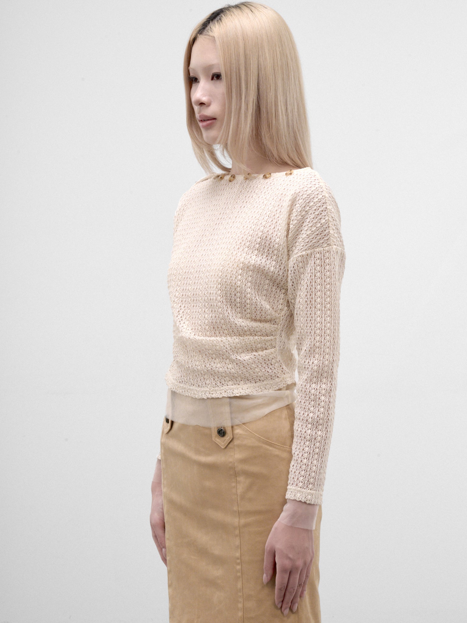 Button-Collar Sheer Mesh Top (CTCA32510-CREAM)