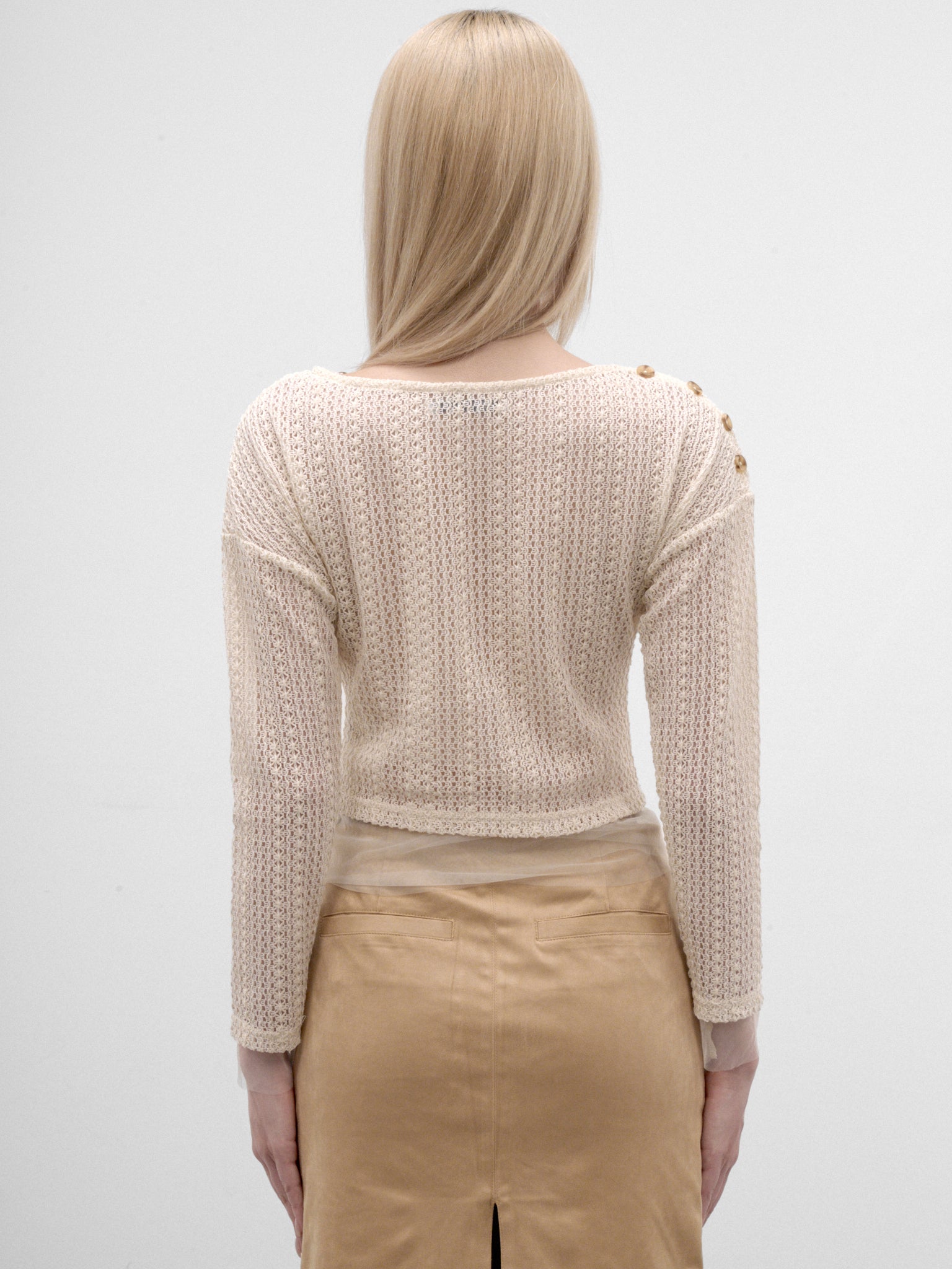 Button-Collar Sheer Mesh Top (CTCA32510-CREAM)