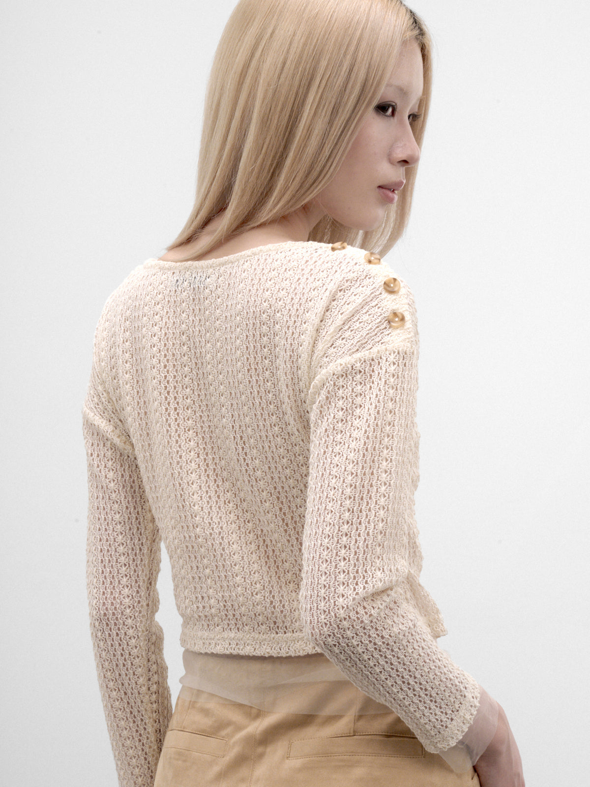 Button-Collar Sheer Mesh Top (CTCA32510-CREAM)