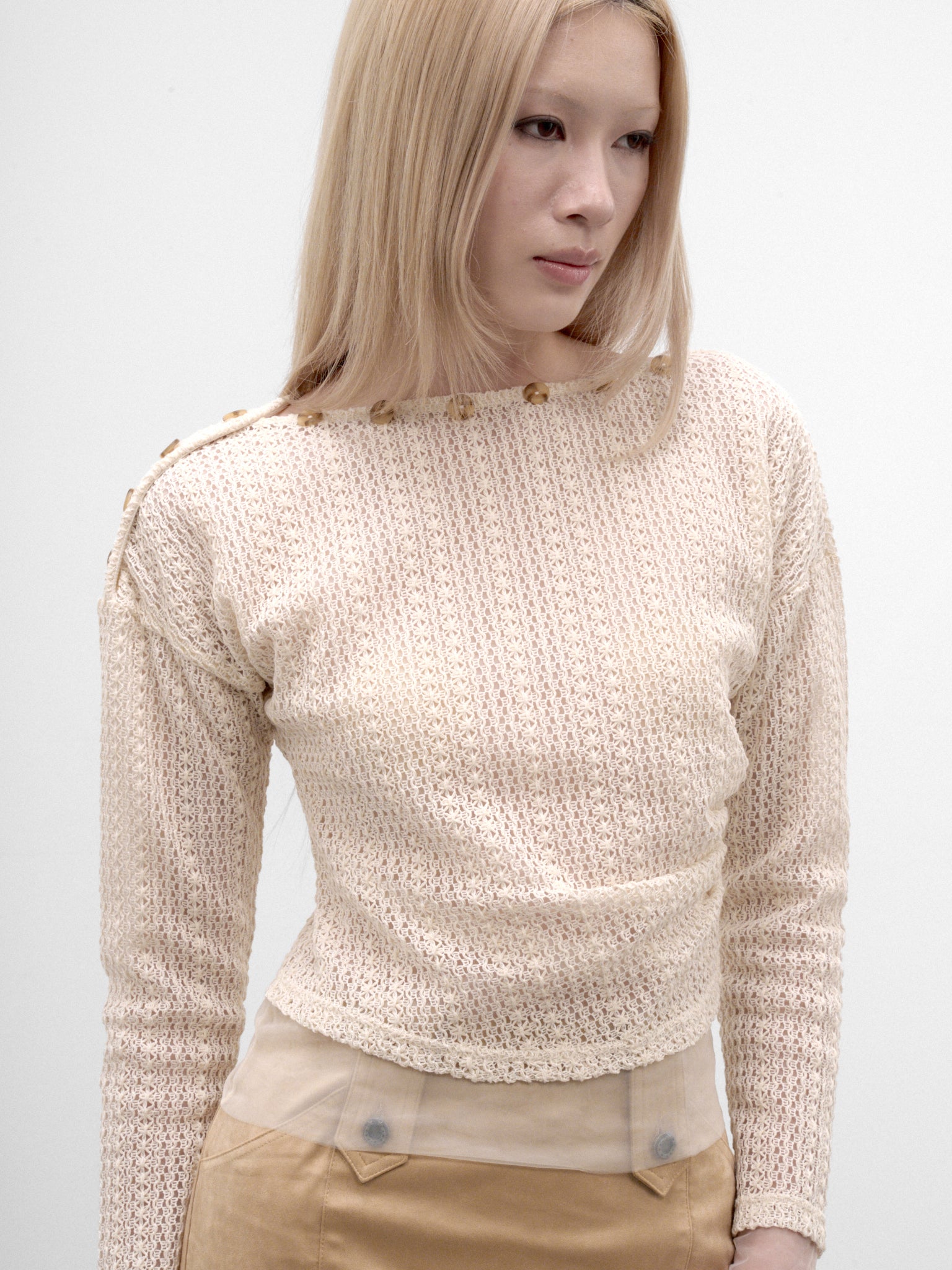 Button-Collar Sheer Mesh Top (CTCA32510-CREAM)