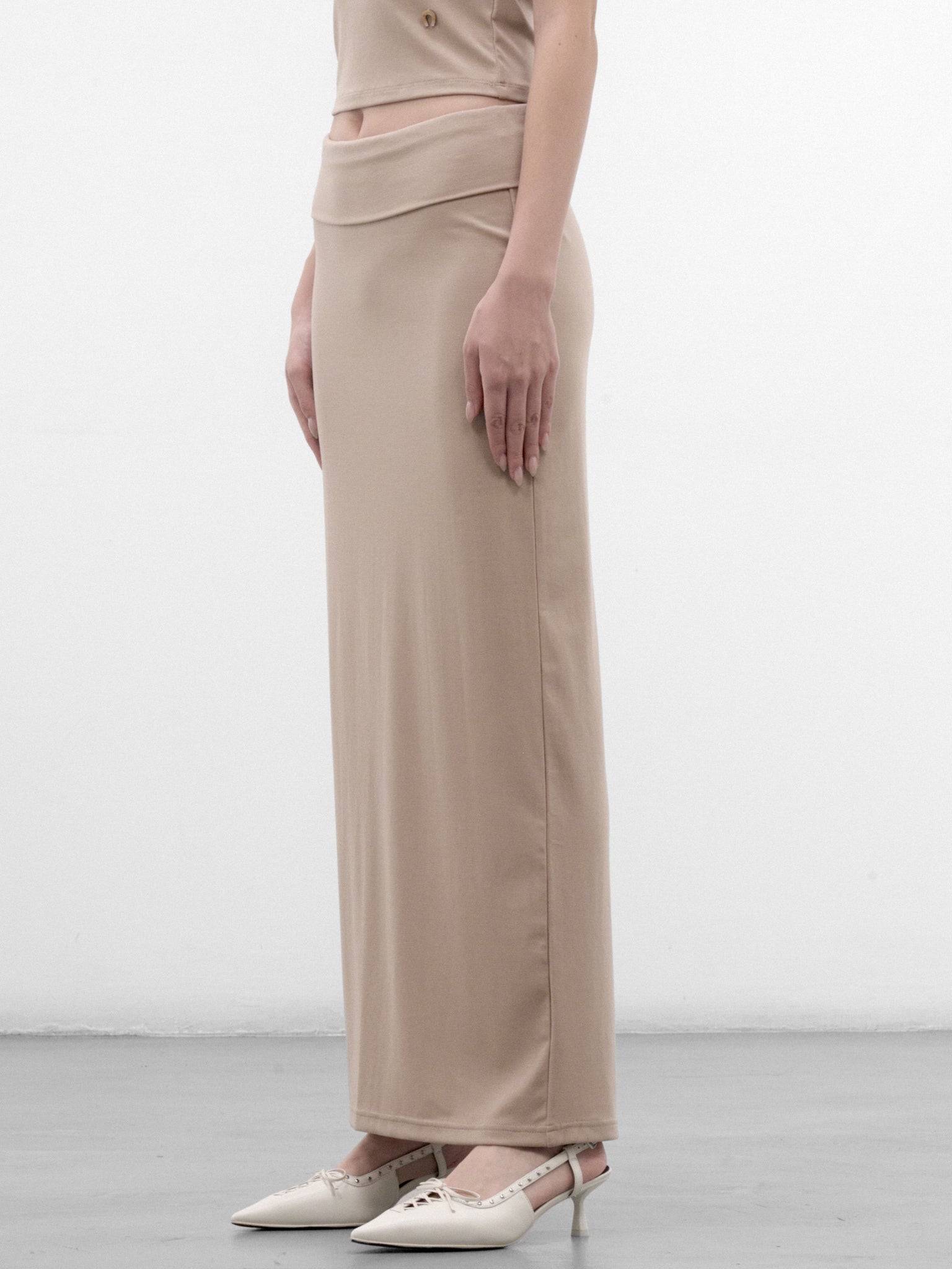 Rhinestone Foldover Waist Maxi Skirt (CUCA32507-LATTE)
