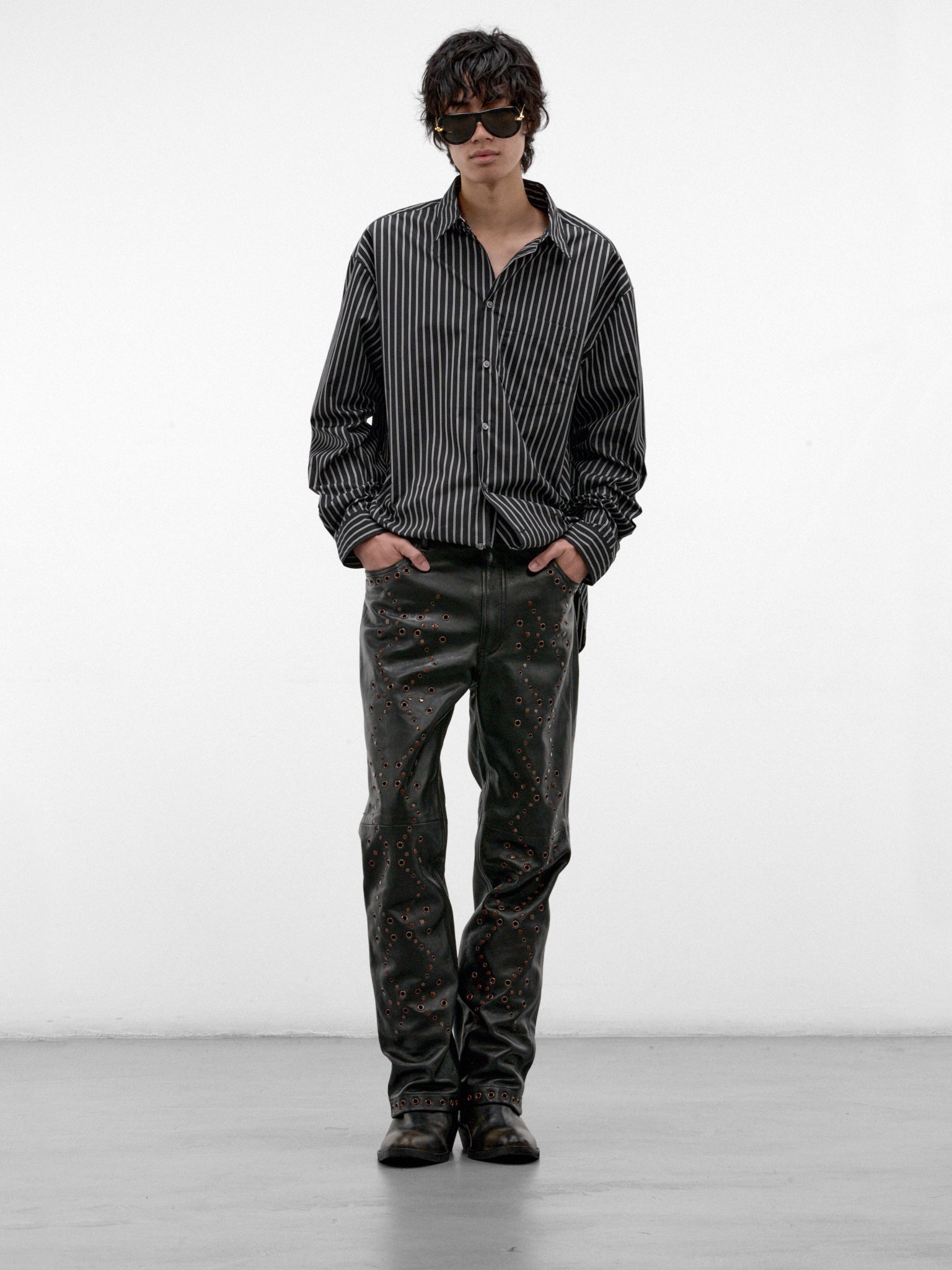 Black Leather Eyelet Trousers (PUMY0353UX-ULA770-00N99-BLACK)