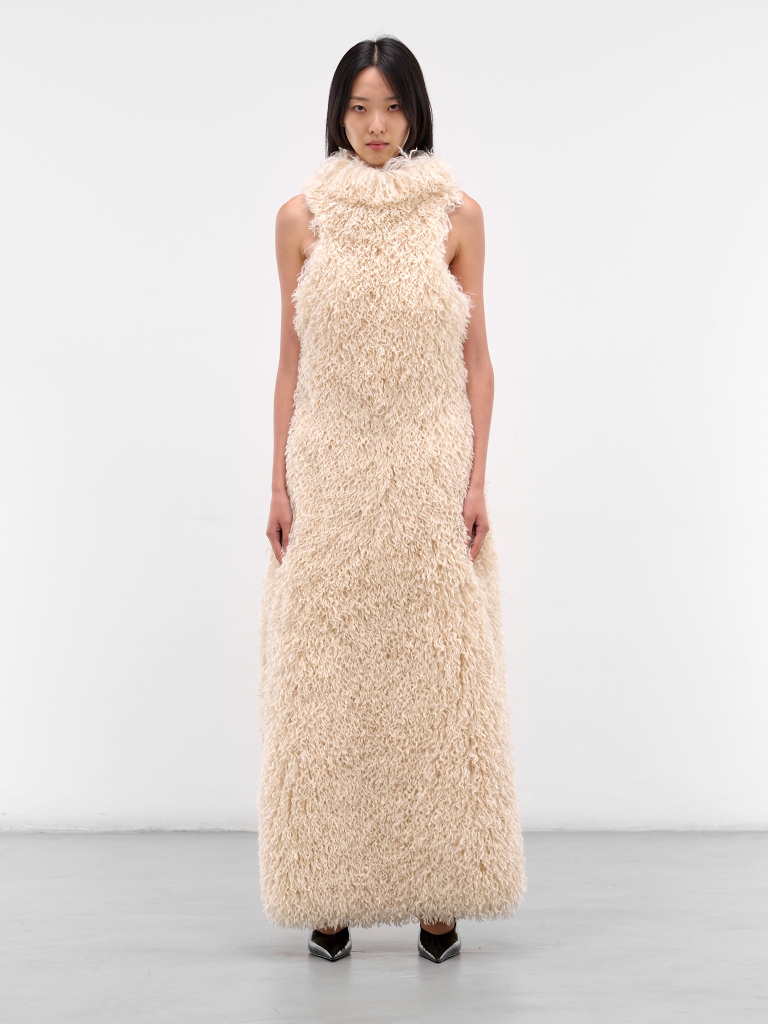 White Fur Feather Maxi Dress (D001-FUR-FEATHER-WHITE)