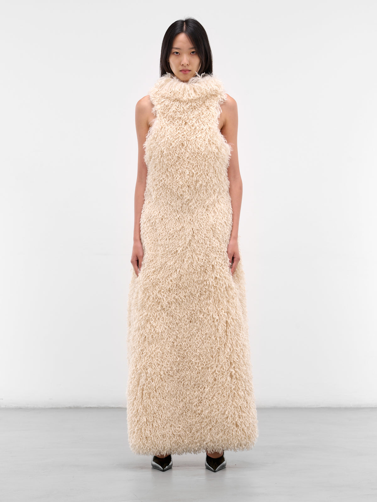 White Fur Feather Maxi Dress (D001-FUR-FEATHER-WHITE)