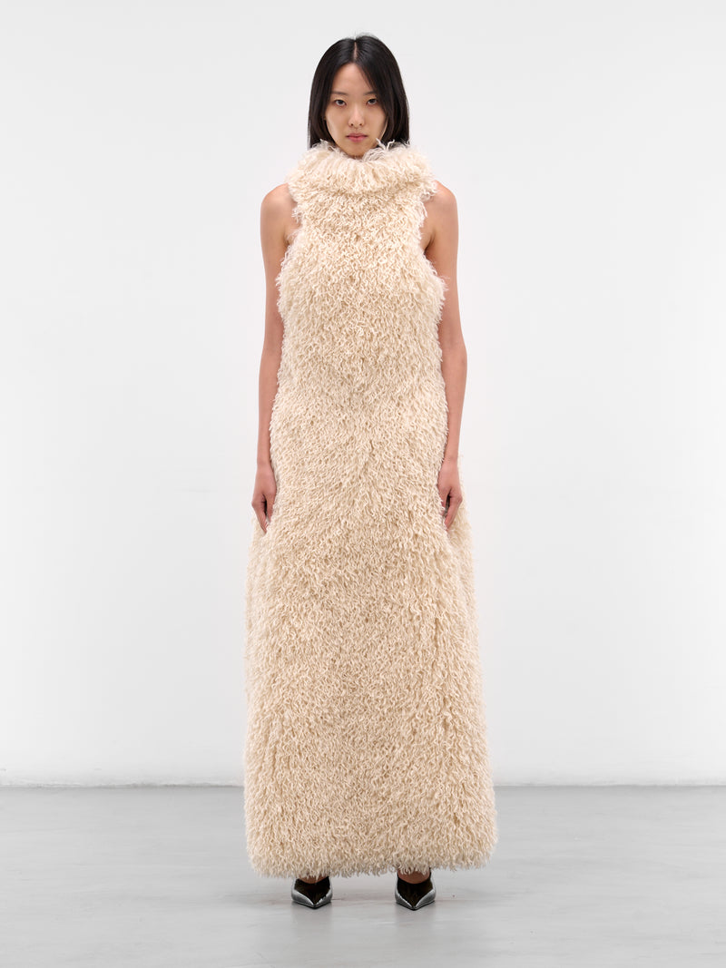White Fur Feather Maxi Dress (D001-FUR-FEATHER-WHITE)