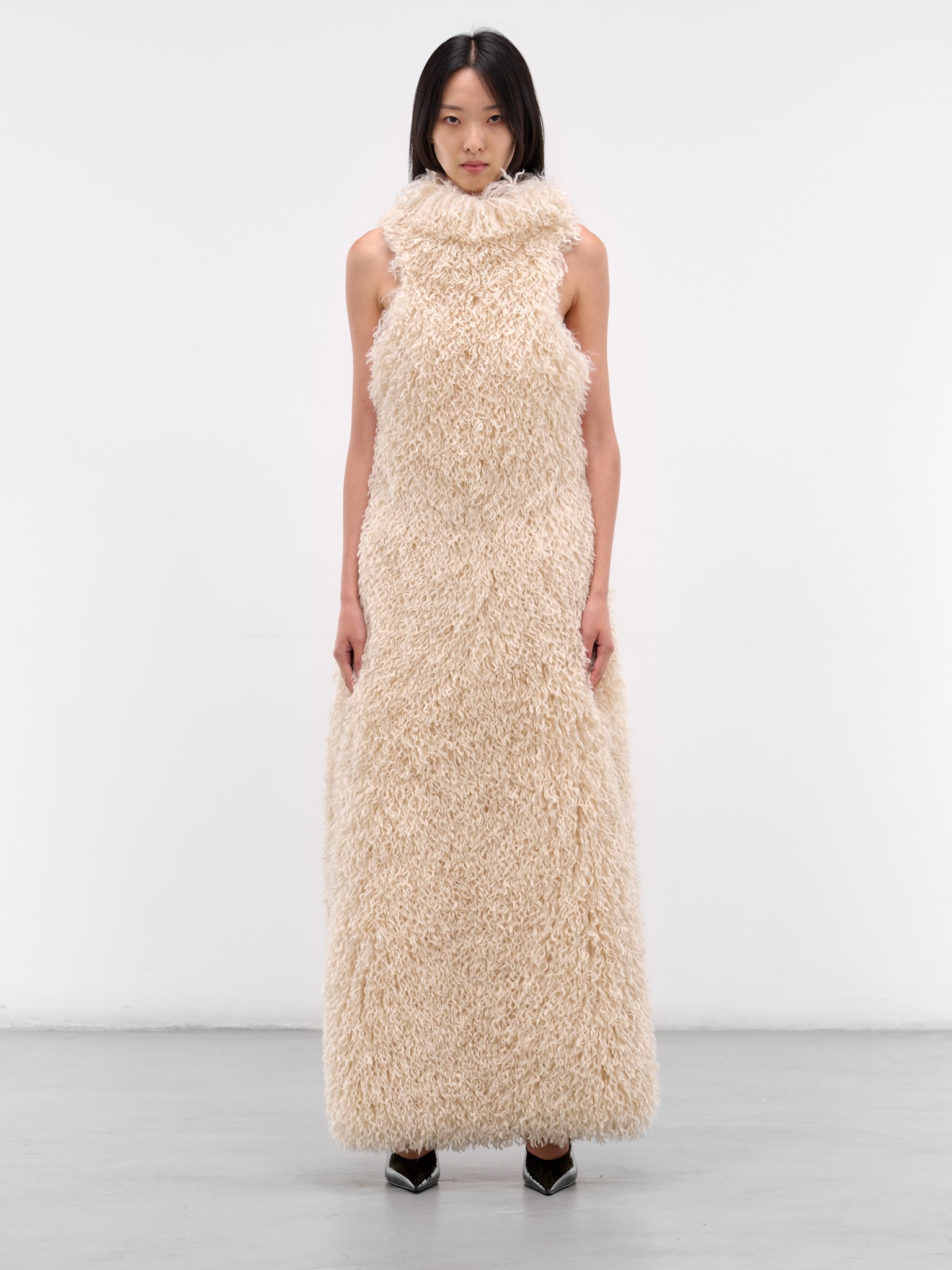 White Fur Feather Maxi Dress (D001-FUR-FEATHER-WHITE)