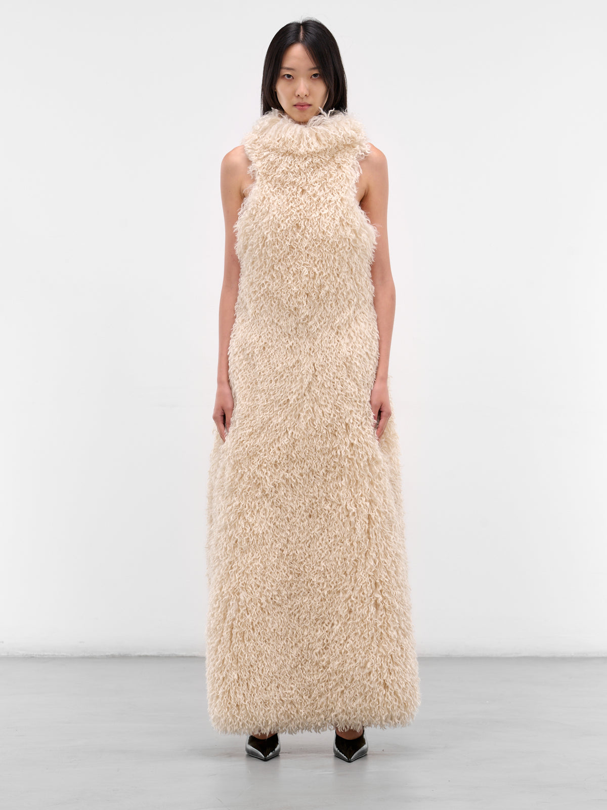 White Fur Feather Maxi Dress (D001-FUR-FEATHER-WHITE)