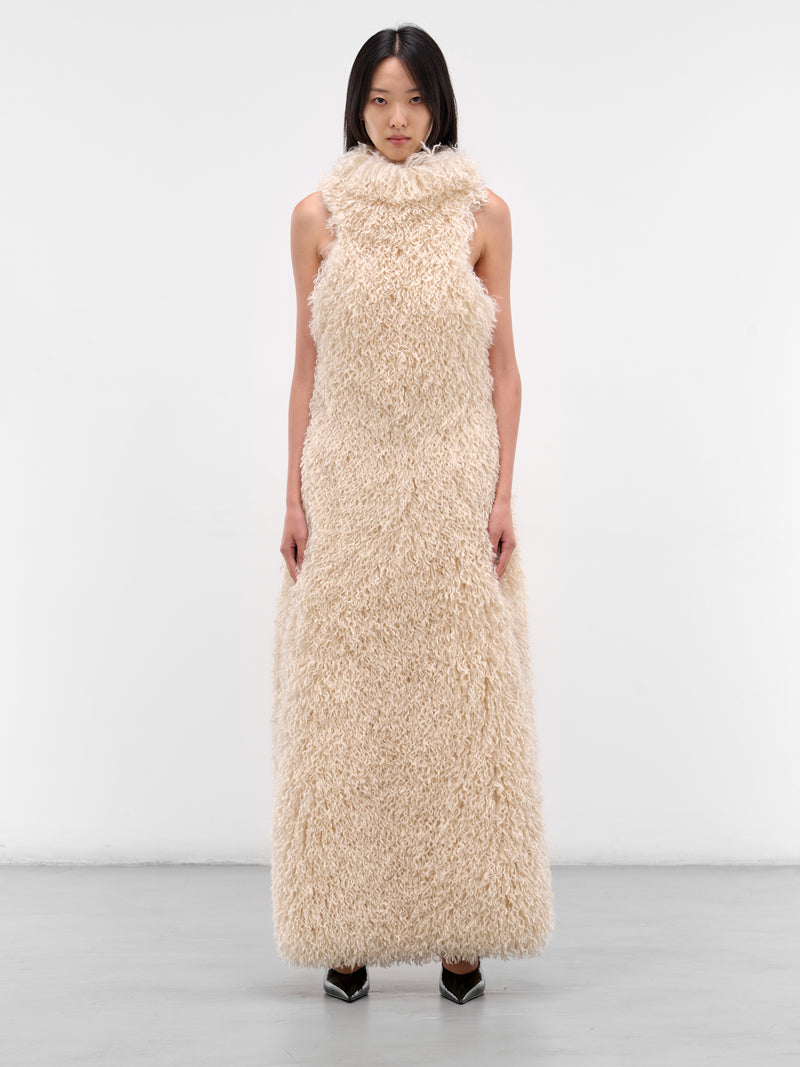 White Fur Feather Maxi Dress (D001-FUR-FEATHER-WHITE)
